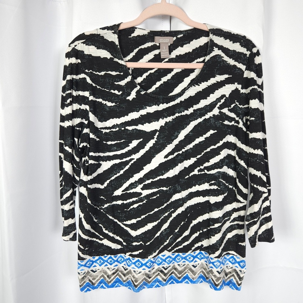 Chico's Black White Zebra Print 3/4 Sleeve‎ Button-Up Blouse Women's 1 US 8